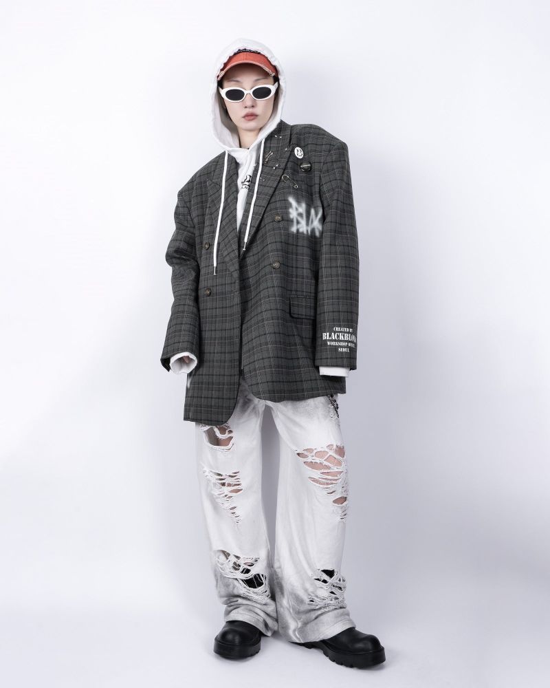 BBD Graffiti Logo Piercing Plaid Oversized Blazer (Charcoal)