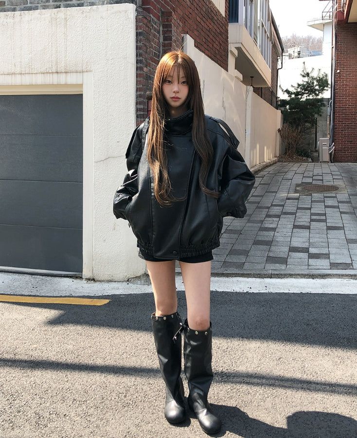 Saint High-Neck Unbalanced Leather Jacket