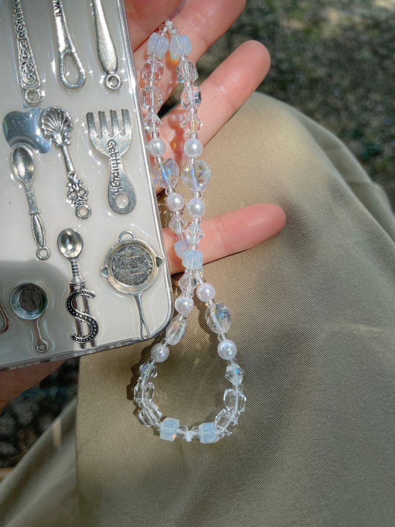 Clear White Heart Me Crystal Phone Strap
