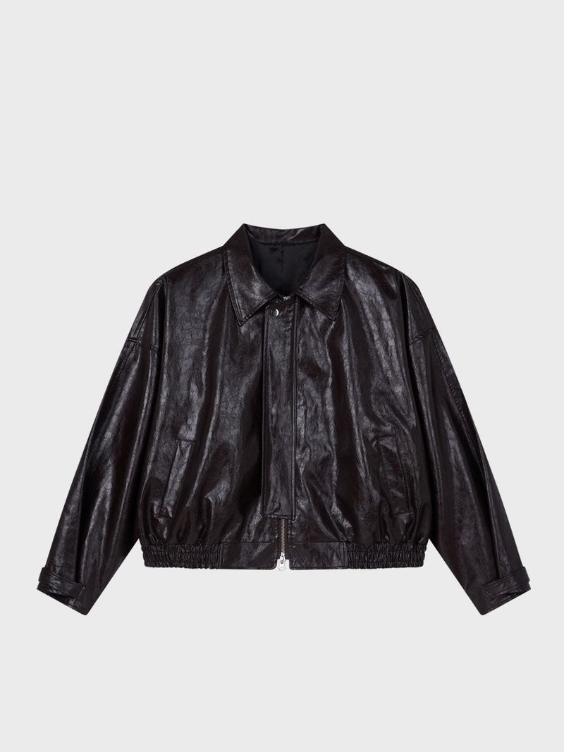 Glossy Leather Bomber Jacket_Brown