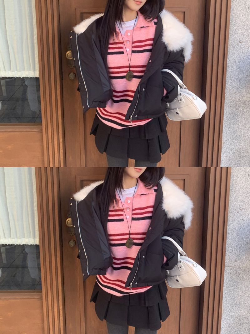 Ice Bloom Fur-Collar Duck Down Short Puffer