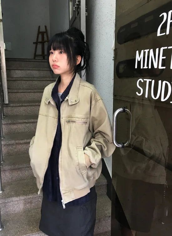 [unisex] Leare Two-Button Washing High-Neck Zip-Up Jacket