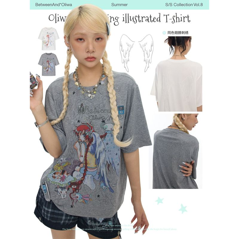 BETWEENANDxOliwa New women’s summer loose-fit two-color collaborative illustration round-neck short-sleeve T-shirt