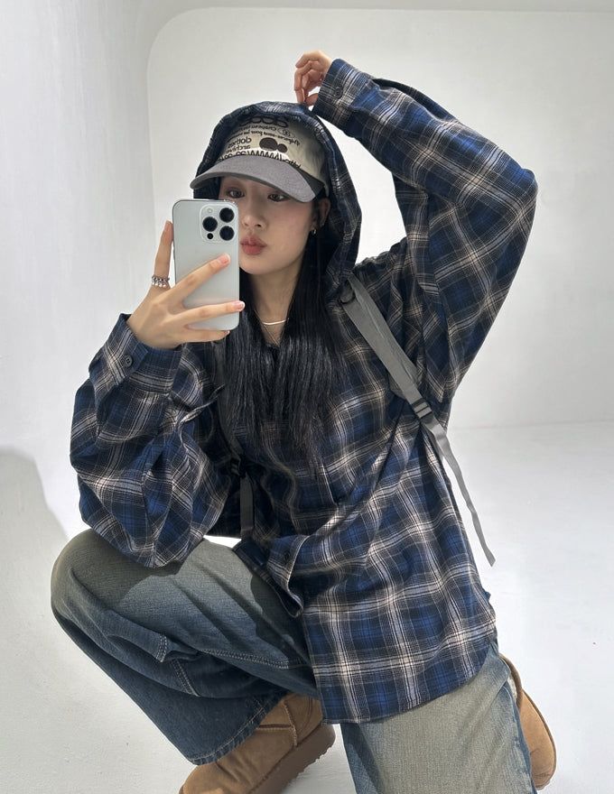Retro flannel check hood shirt