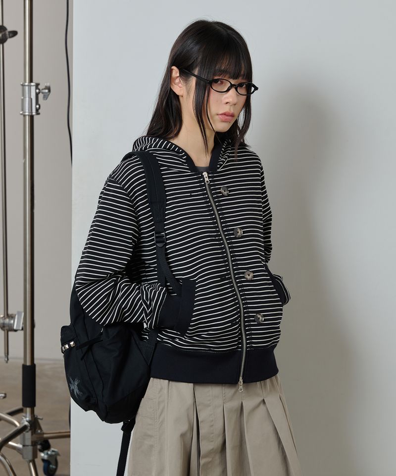 ODDSTUDIO（オッドスタジオ）の「Button Point Stripe Hoodie Zip-up - BLACK（Tops）」