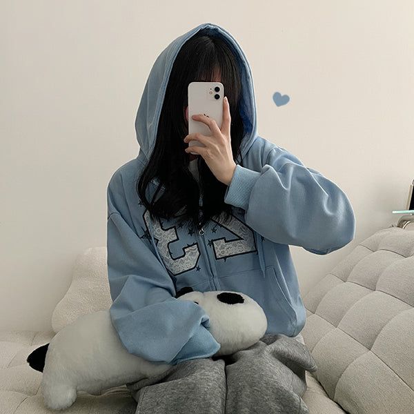 Connie Lace Numbering Embroidery Two Way Hooded Zip-Up