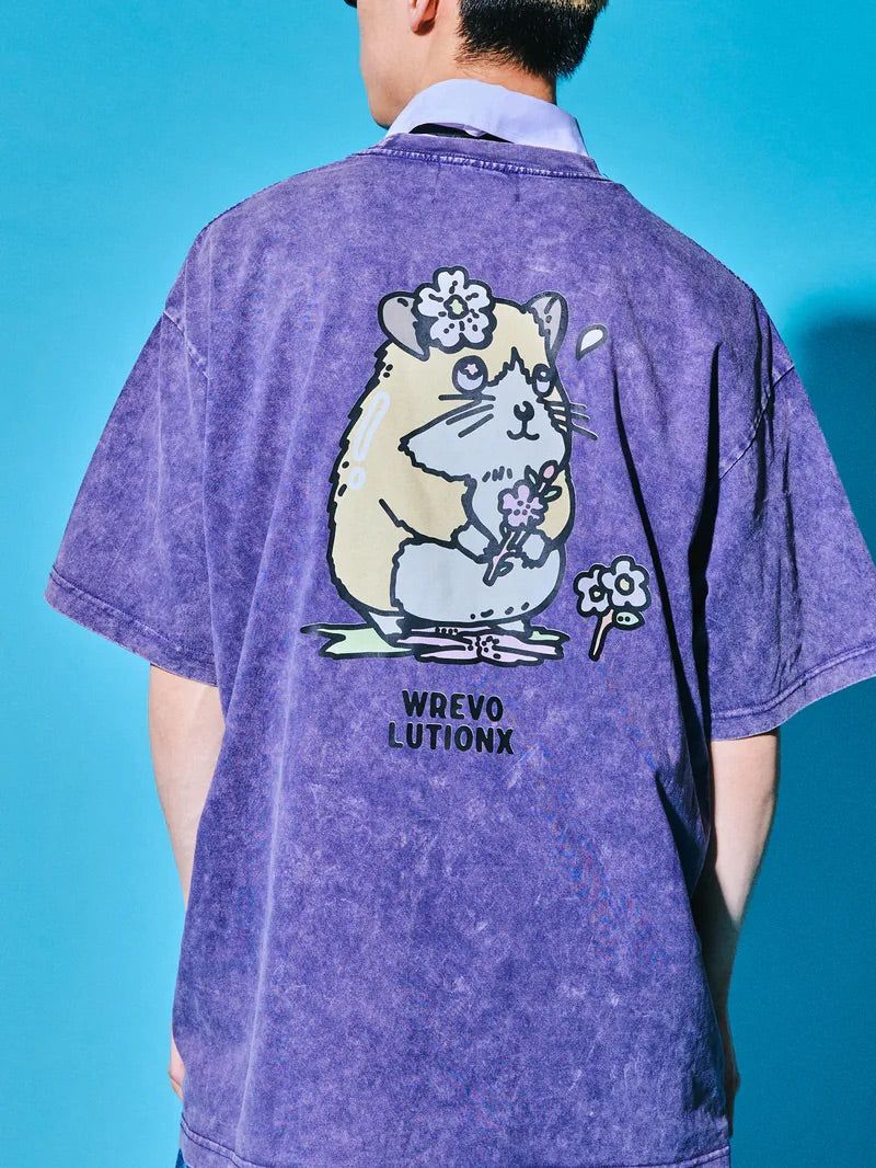 WREVOLUTIONX by WooLeeX（レボリューションエックス バイ ウーリーエックス）の「Sakura Animals Purple Denim Washed T-Shirt (Hamster)（Tops）」
