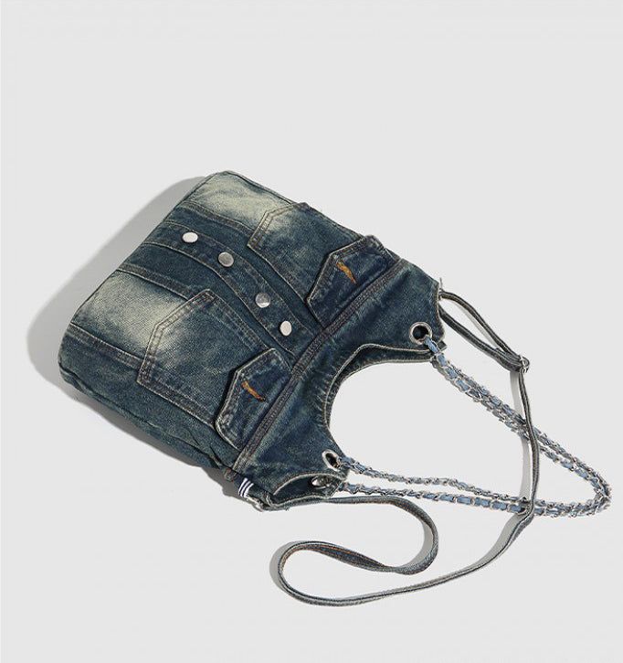 denim pocket chain cross shoulder bag