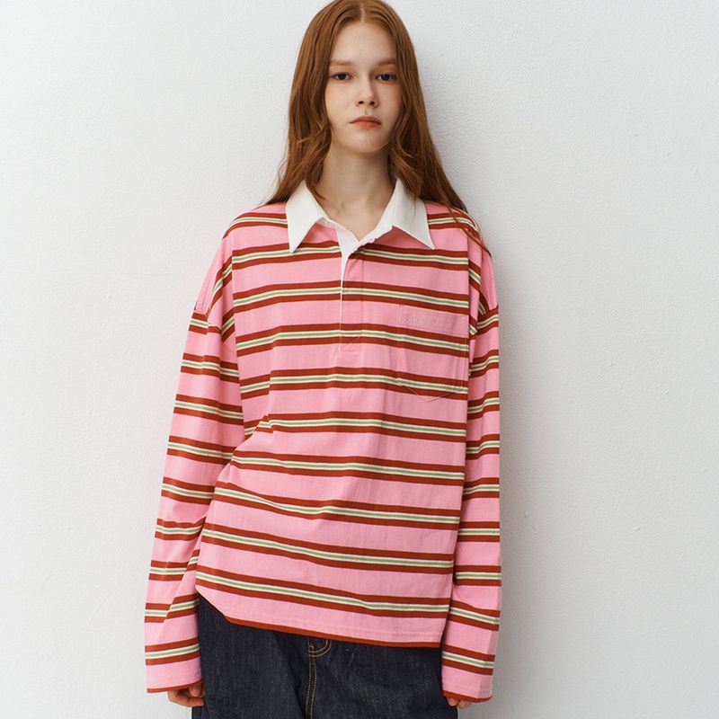 RAVEROUS（レイバロス）の「オーバーサイズストライプカラーTシャツ_Pink（トップス）」