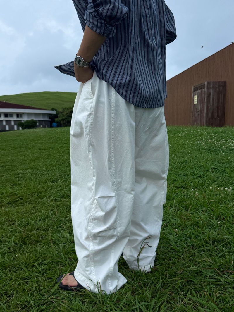 Unbalanced pintuck cotton wide pants