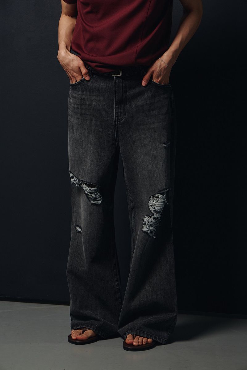 Washed damage wide flare denim pants(Black)