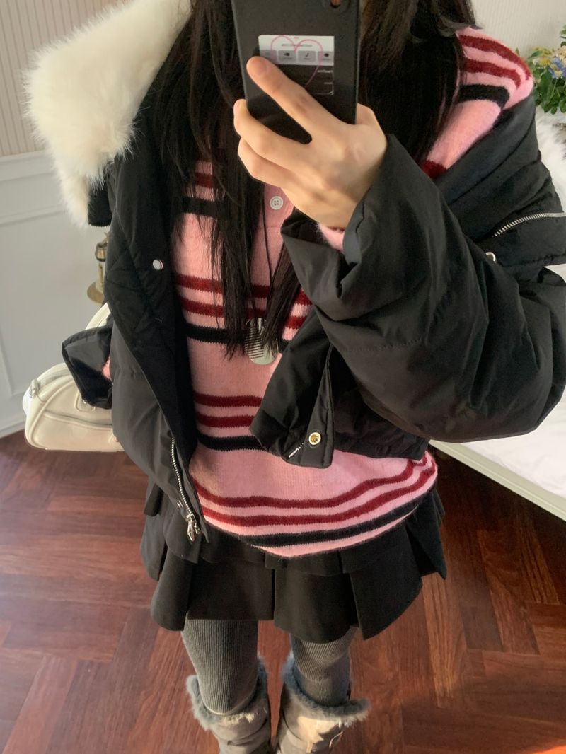 Ice Bloom Fur-Collar Duck Down Short Puffer