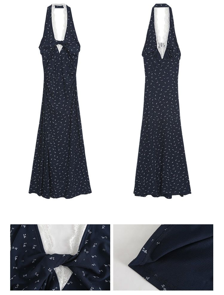 Navy Halterneck Flower Long Dress