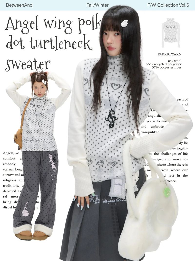BETWEENAND（ビトゥウィーンアンド）の「BETWEENAND“First Snow Moment” – Women’s winter sweater with a high collar, made of oat and white glutinous rice fabric, featuring soft polka dot patterns（Tops）」