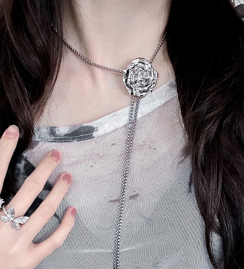 silver rose tie necklace