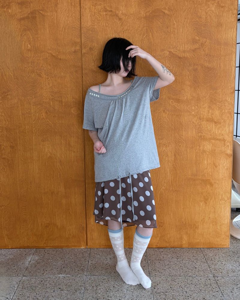 シェル ボタン オープンネック Tシャツ (3colors)