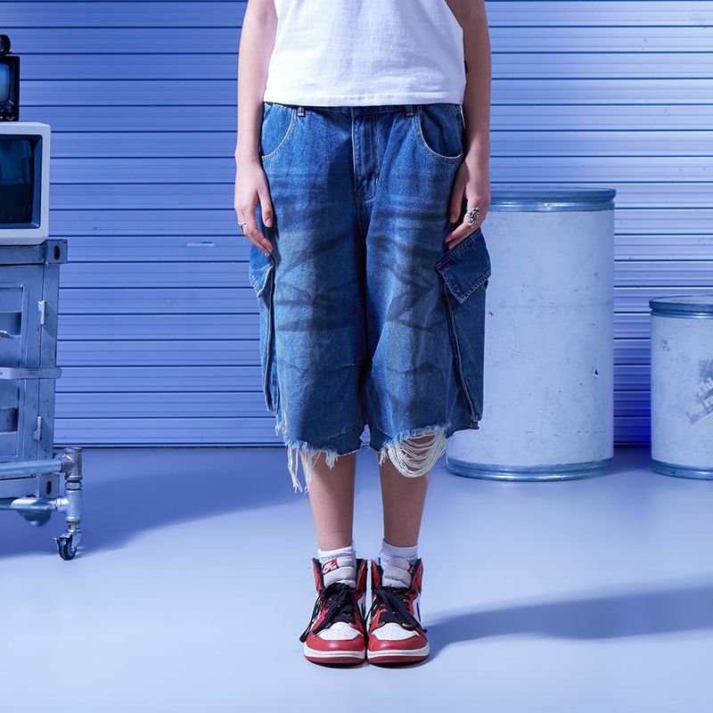 Dirty wide bermuda pants_Denim blue