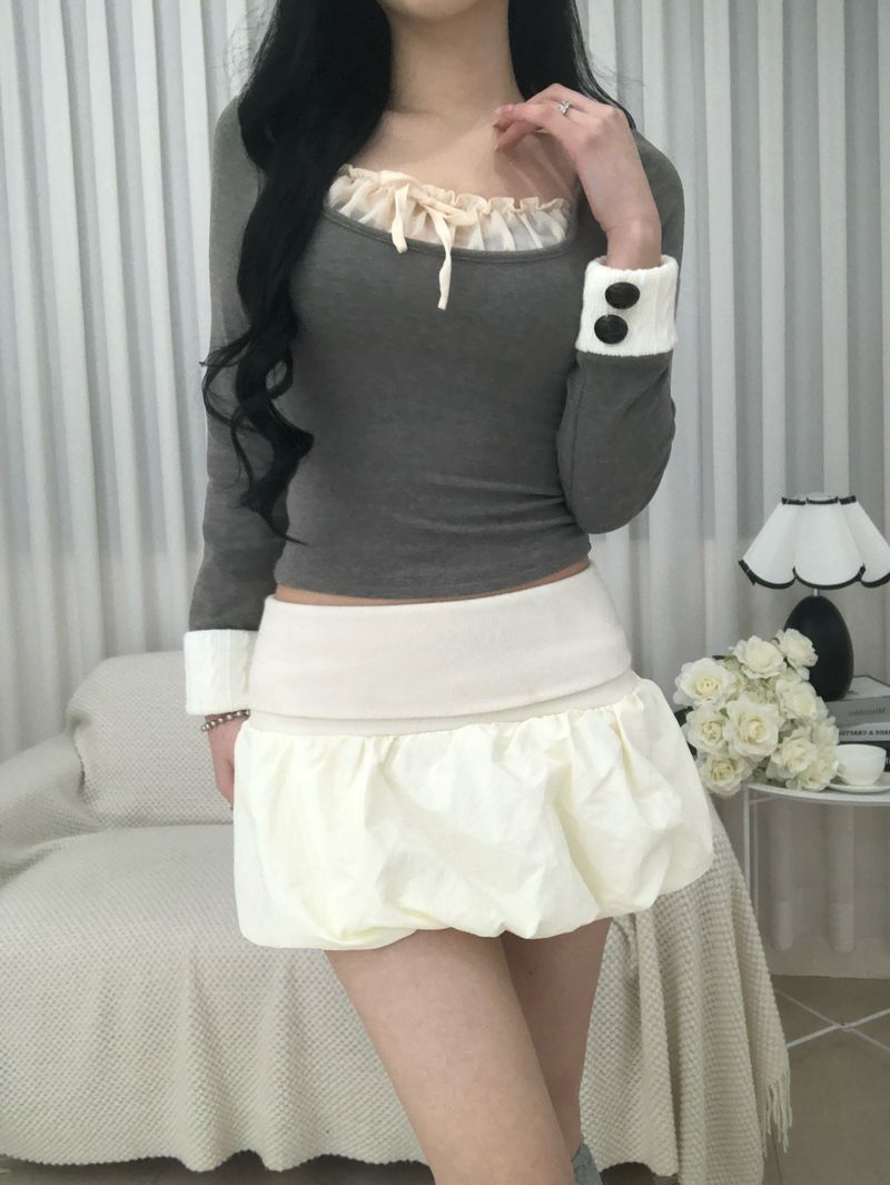 Gray Frill Mix Knit Top