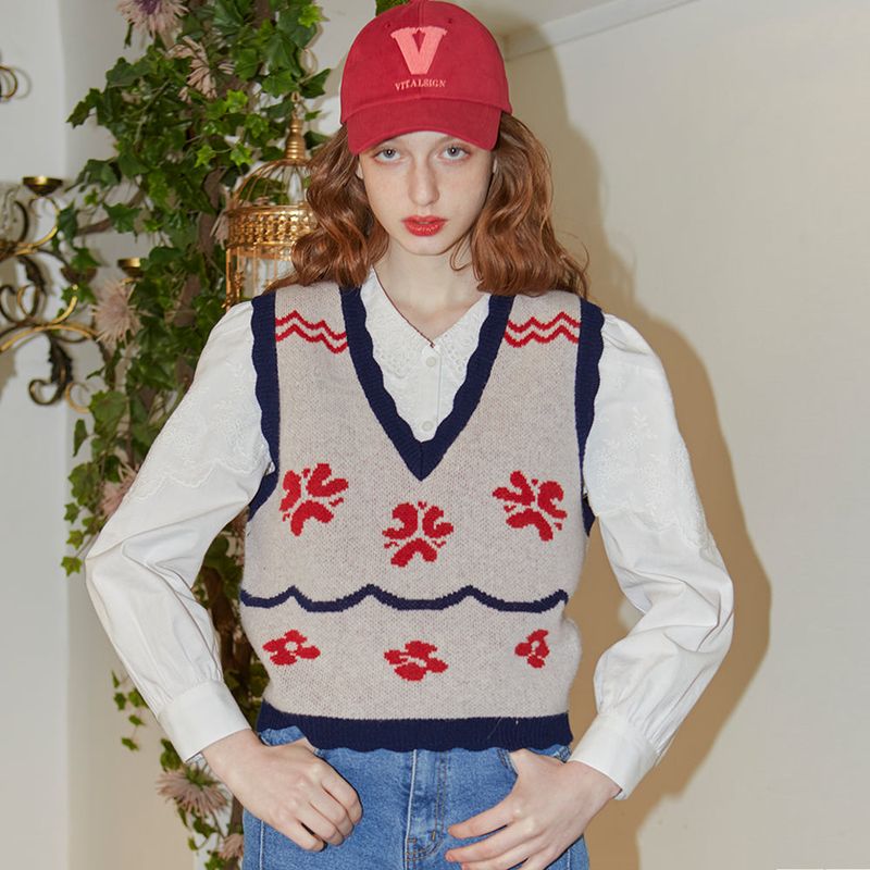 VITALSIGN（バイタルサイン）の「Flower Pattern Merino Wool Knit Vest (Red)（Tops）」