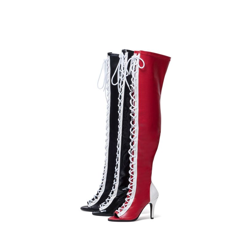Thigh High Shoelace Point Boots Heel(Red)