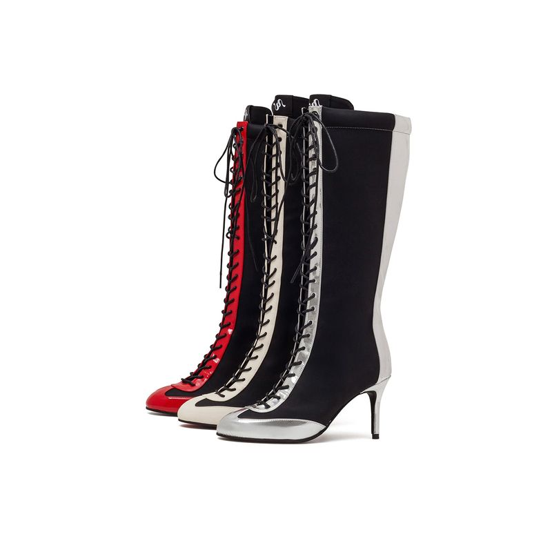 Boxing Two-Tone Lace-Up Boots Heel(Red)