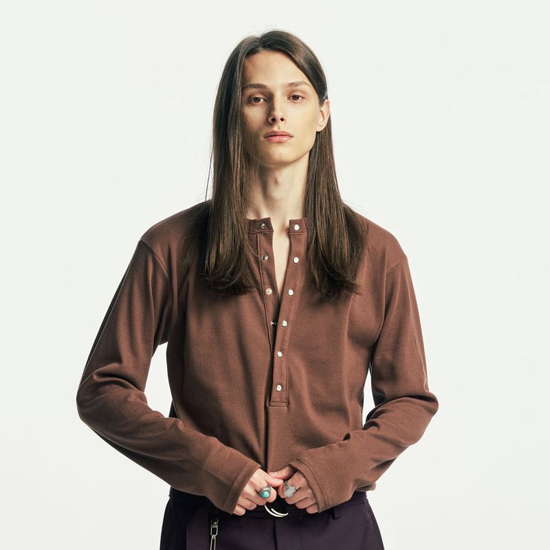 below button-down henry neck long sleeve brown