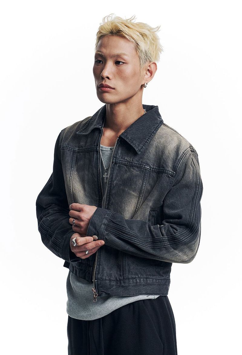 Washed Crop Track Denim Jacket - Black