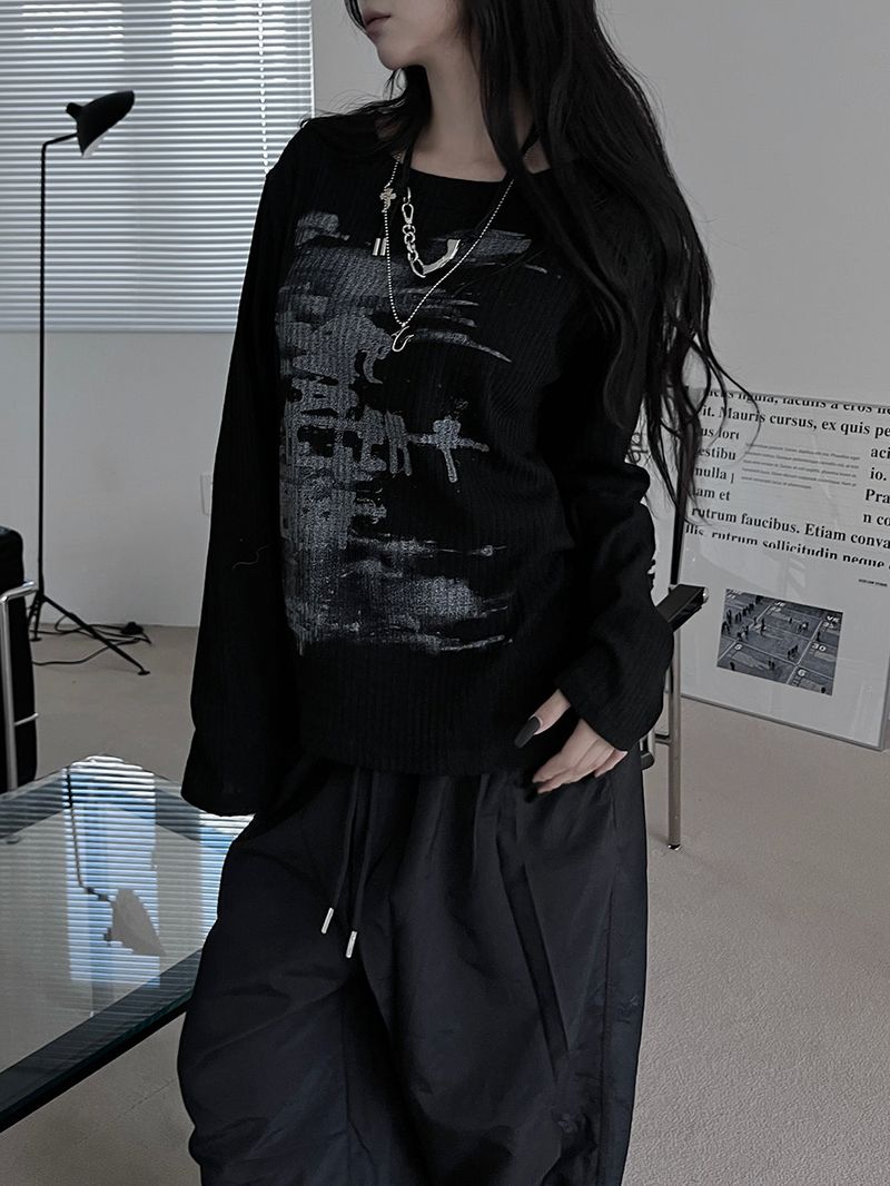 printed ribbed long sleeves (2color)