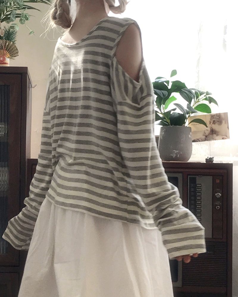 shoulder slit loose stripe long sleeve