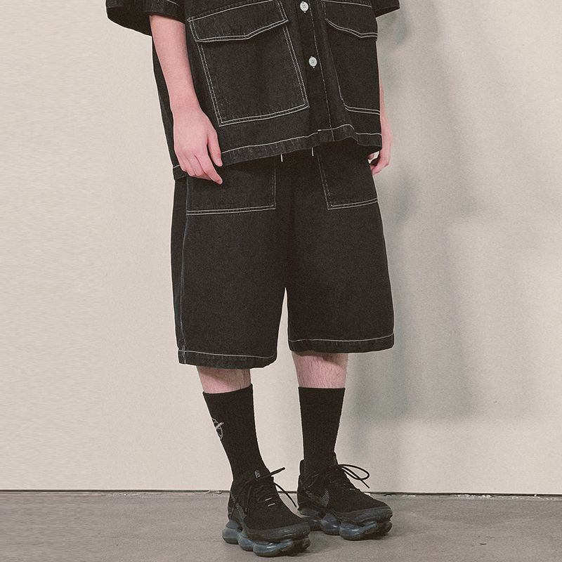 denim stitch shorts_black