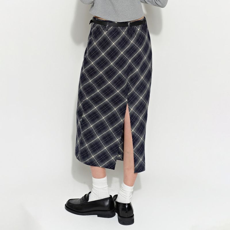 Slit Checked Long Skirt Blue