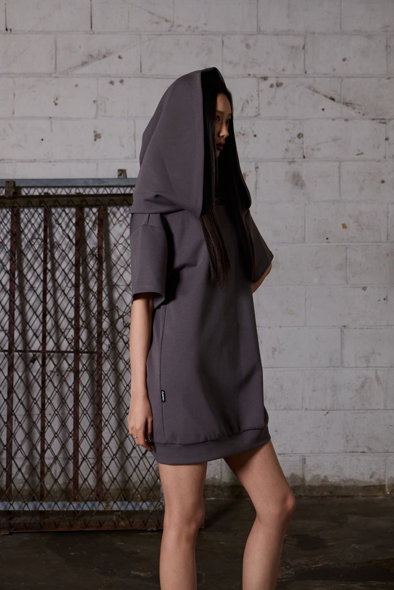 2Way Big Hood Off-Shoulder Mini Dress - Charcoal