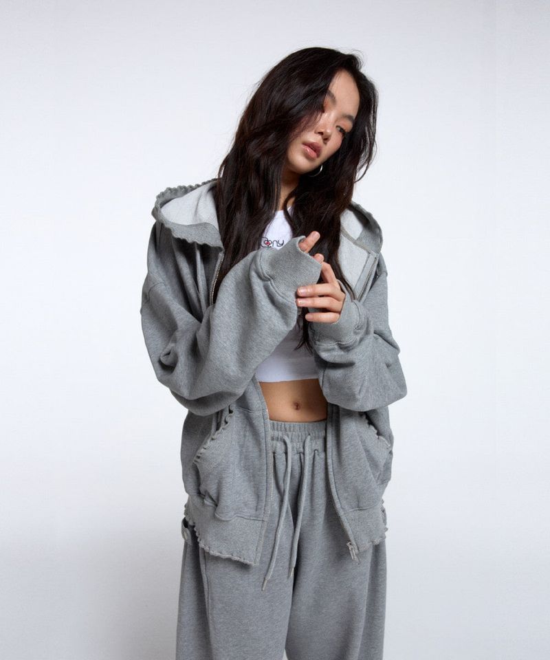 WASHED RUFFLE HOODIE ZIP-UP / MELANGE