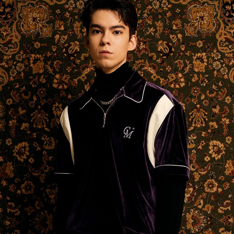 [UNISEX] Leather-Trimmed Velour Zip Polo (Purple)