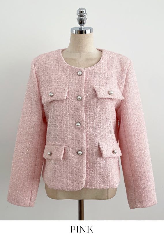 Schuet Round No-Collar Pearl Tweed Jacket