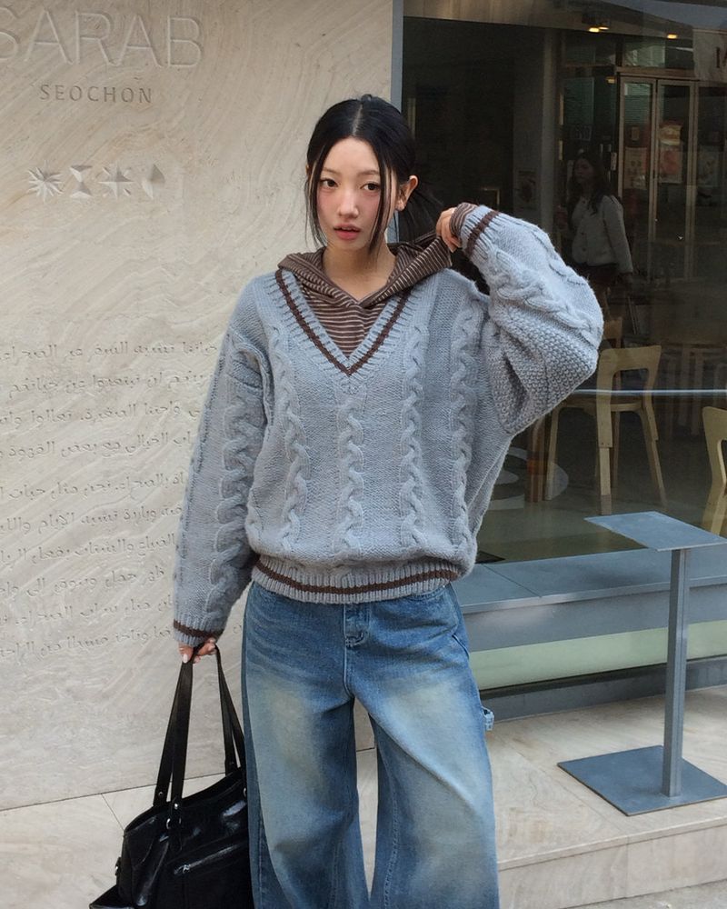 [ORIGINAL] バゲットケーブルオーバーサイズVネックニット