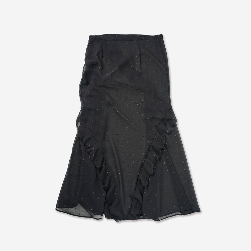 elfelfelf archives（エルフエルフエルフアーカイブ）の「SILHOUETTE RUFFLE MAXI SKIRT [BLACK]（Skirts）」