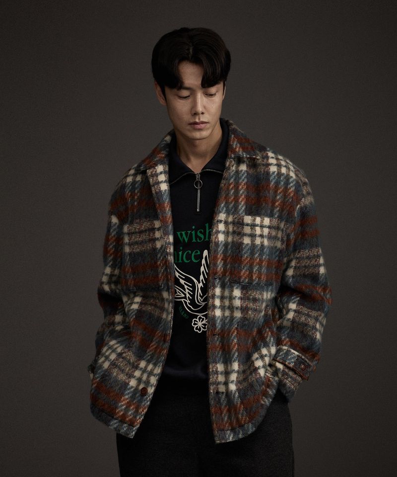 COZY HAIRY CHECK JACKET NAVY