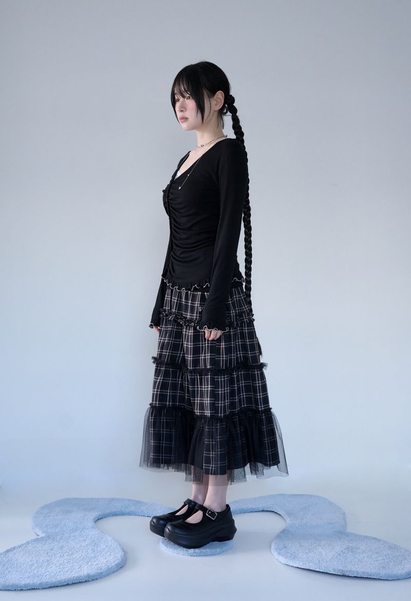FOLDED CHECK FRILL MESH SK BLACK