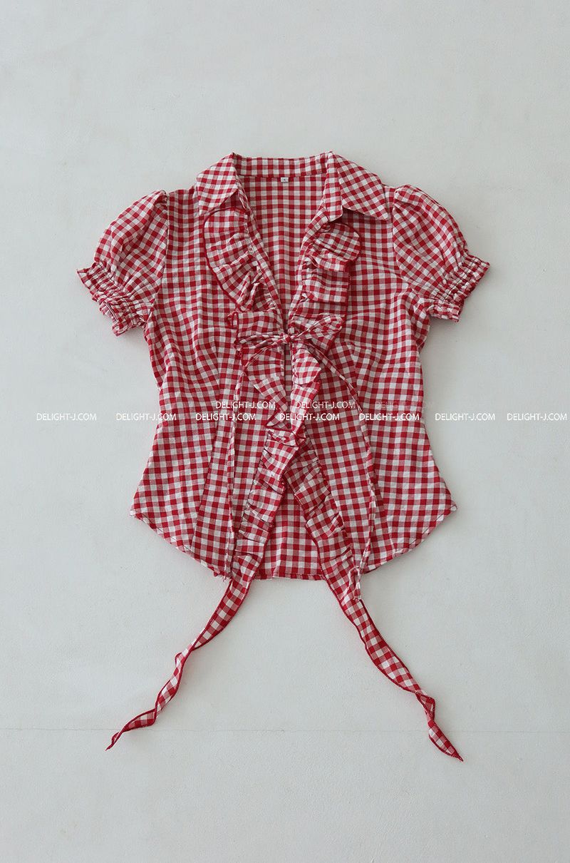 checkered frill short-sleeved shirt blouse