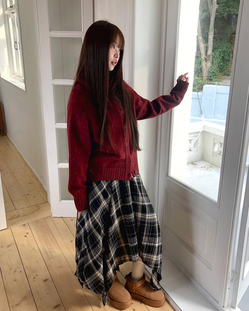 Looping Wool Asymmetric Long Check Layered Skirt