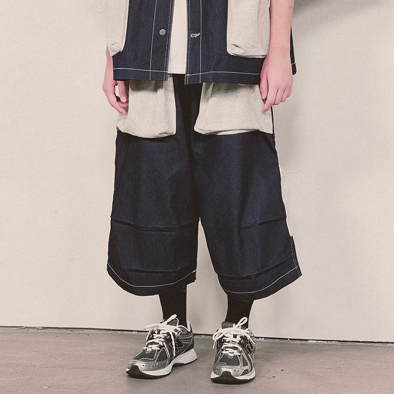 reverse terry pocket denim capri shorts_blue