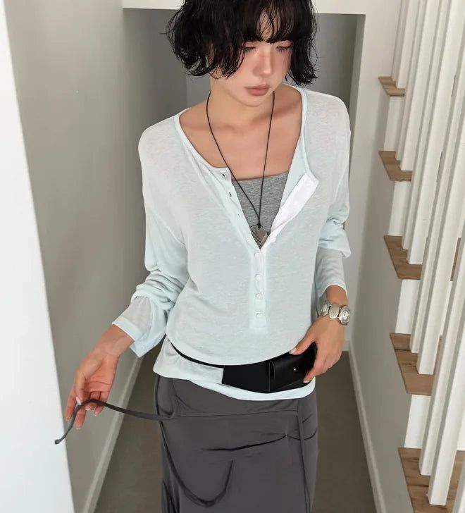 SHEER BUTTON HENLEY TOP