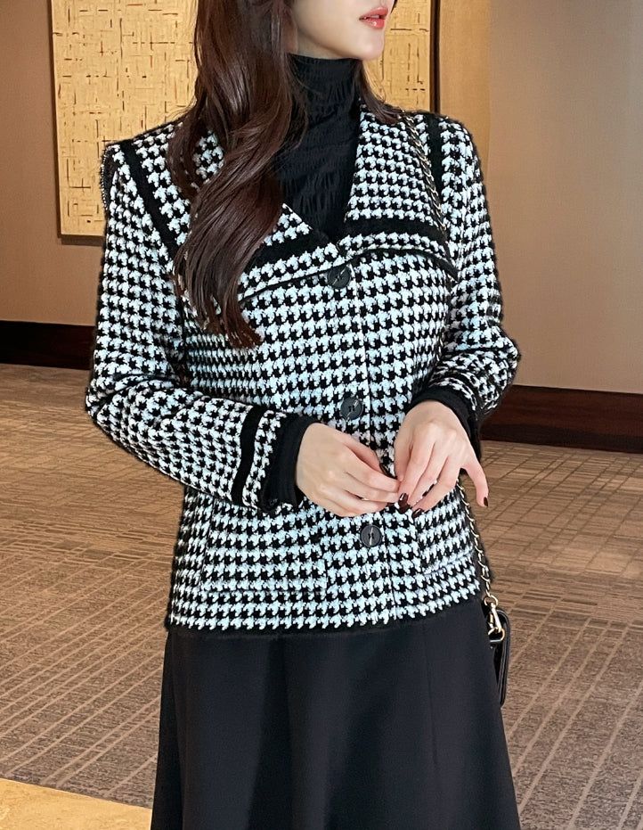 Marron Sailor Collar Hound Check Knit Jacket Cardigan