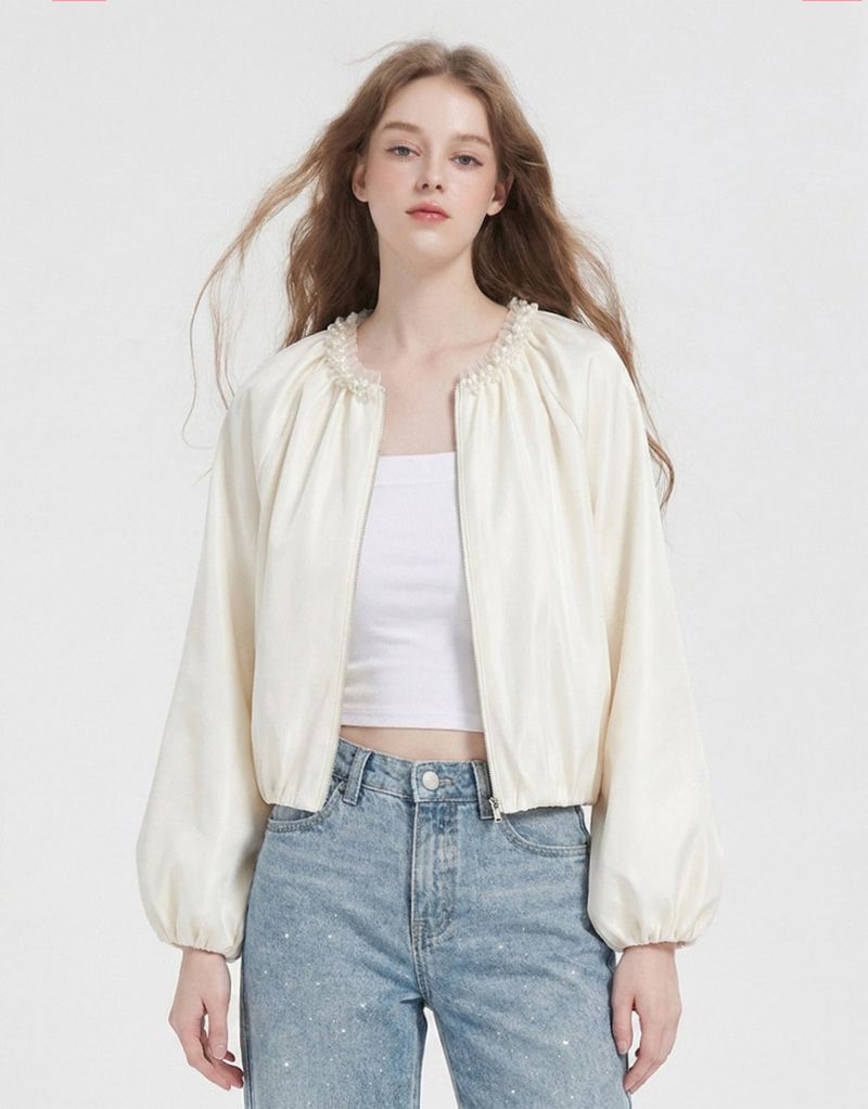 [PRE-FALL] Celie Pearl Trim Balloon Sleeve Zip-Up Blouson Ivory