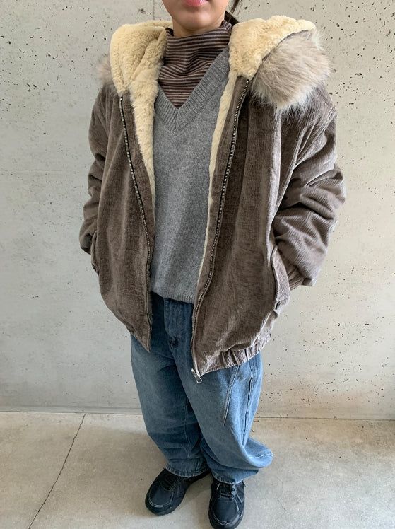Tiken Herringbone Wool Hood Fur Jacket