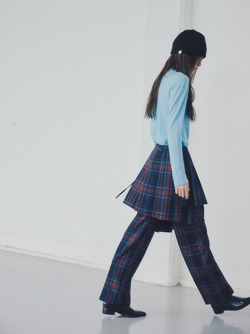 Pleated Wraparound Skirt Navy Check