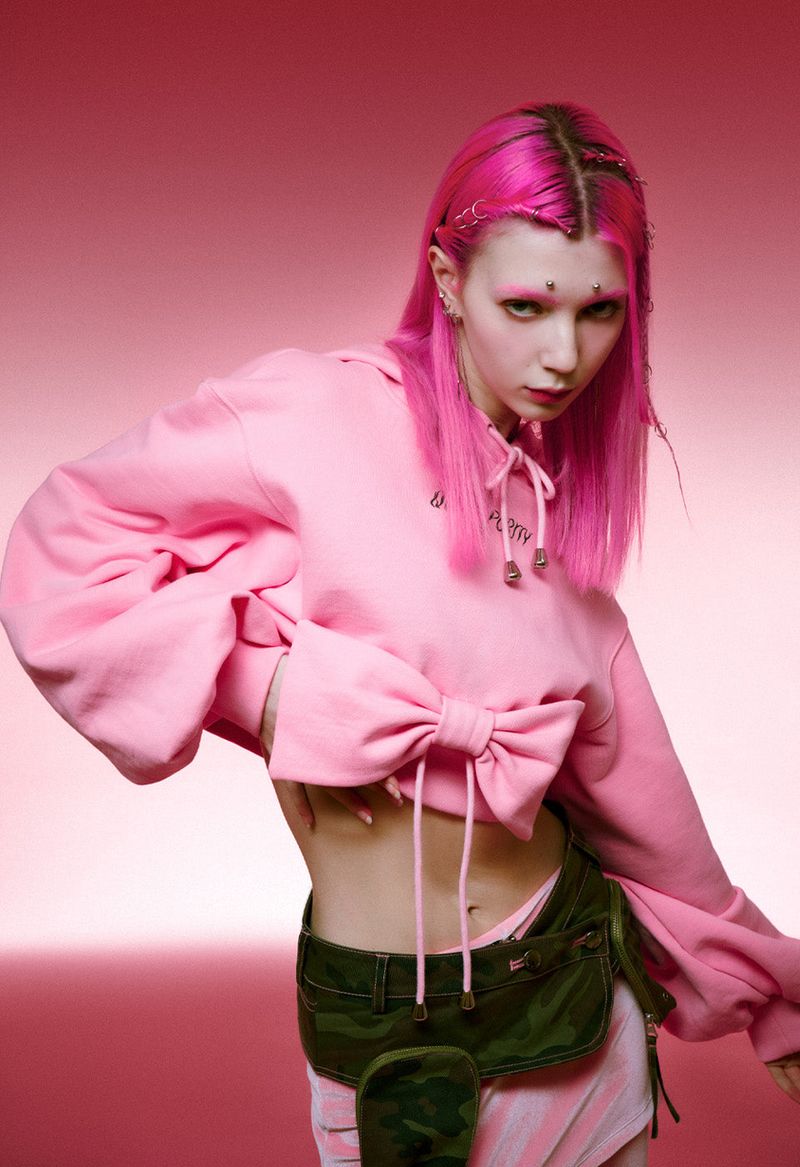  RIBBON CROP HOODIE (PINK)