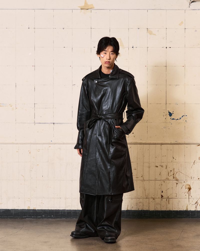 Curved Leather Trench coat (Black)