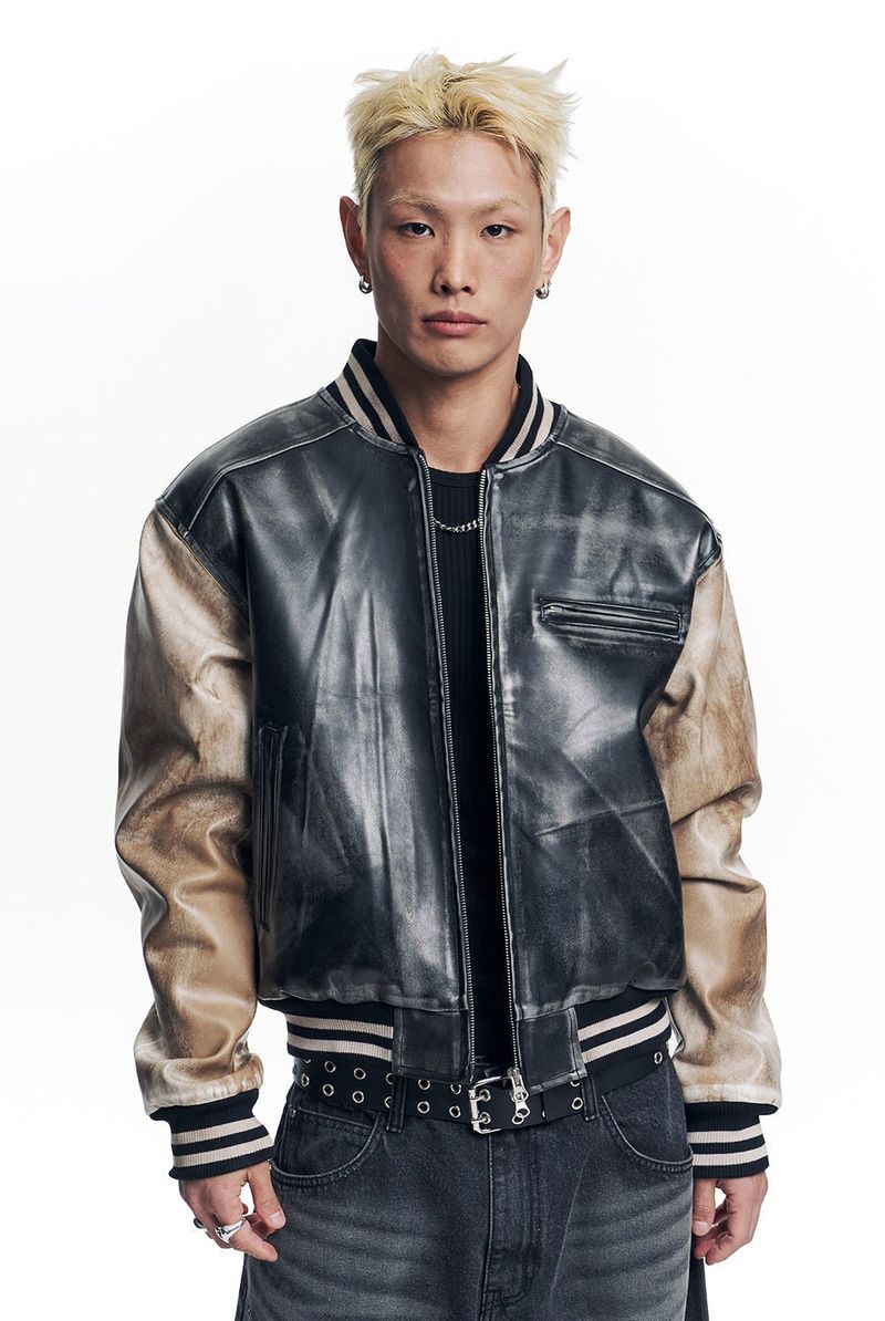 Dirty Washed Leather Varsity Jacket - Black